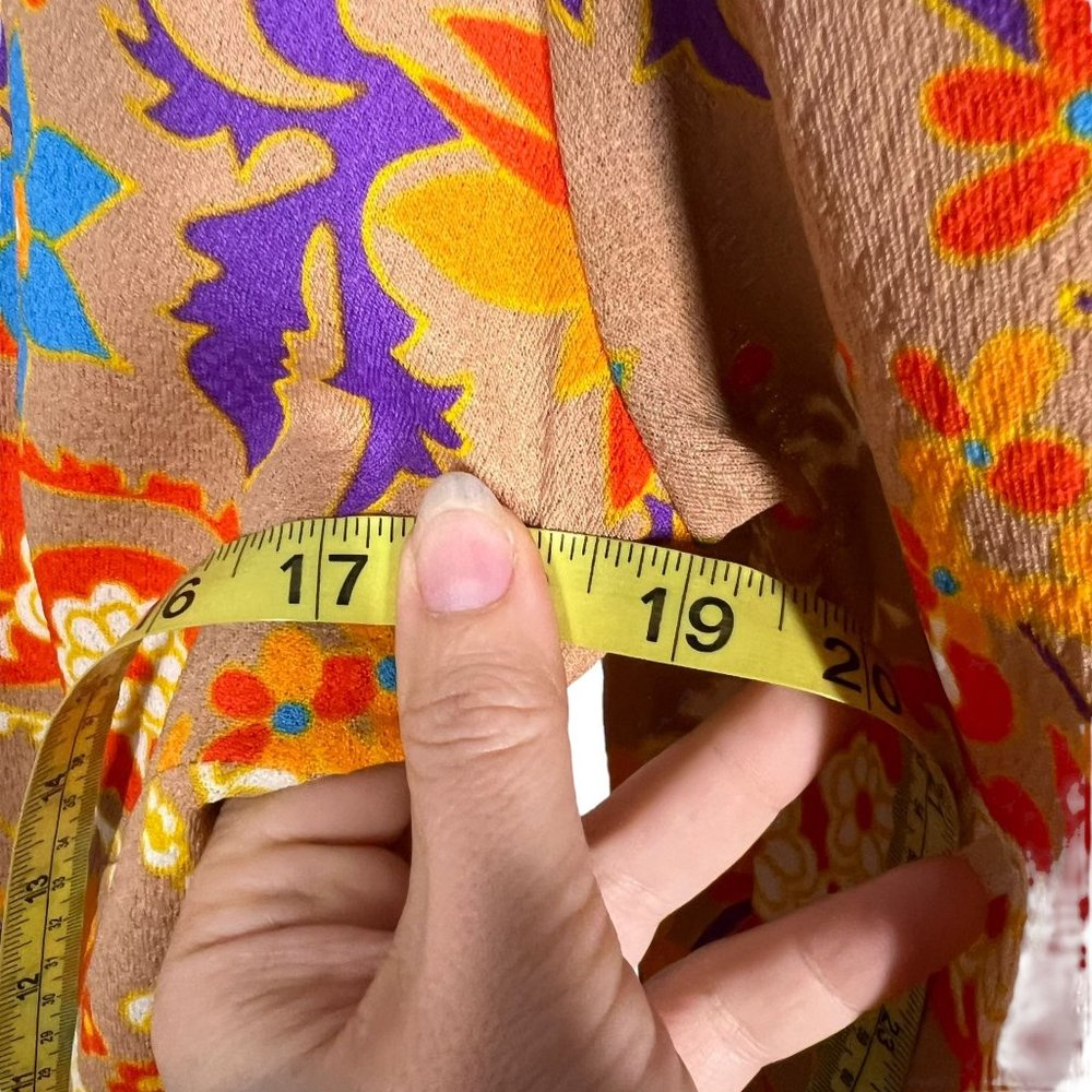 Vintage 60s Tan Multicolor Floral Print Long Sleeve Full Length Dress Medium - Picture 6 of 9